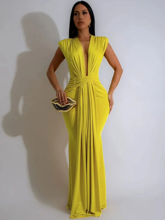Elegant Ruched V-Neck Maxi Dress — High Stretch Evening Perfection