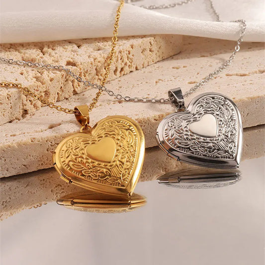 Gold Plated Heart Locket Necklace – Openable Stainless Steel Pendant with Love & Faith Embossing (Memorial Keepsake)