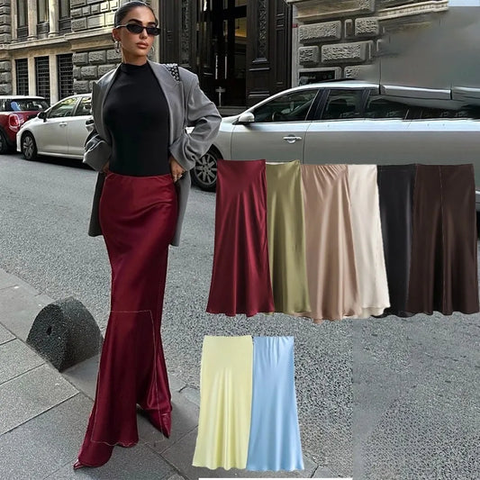 Vintage Satin Solid Long Skirts - Women High Waist Satin