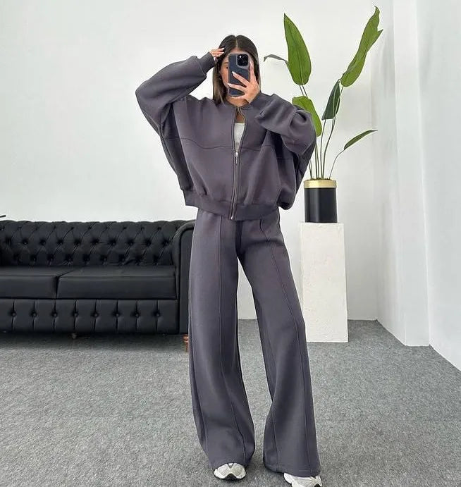 Casual Two-Piece Pants Suit – Zip-Up Cardigan Jacket & Wide-Leg Trousers Streetwear Set for Women