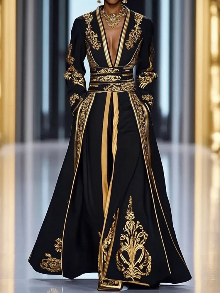 Retro Patchwork V-Neck Maxi Dress – Timeless Autumn Style with Modern Comfort