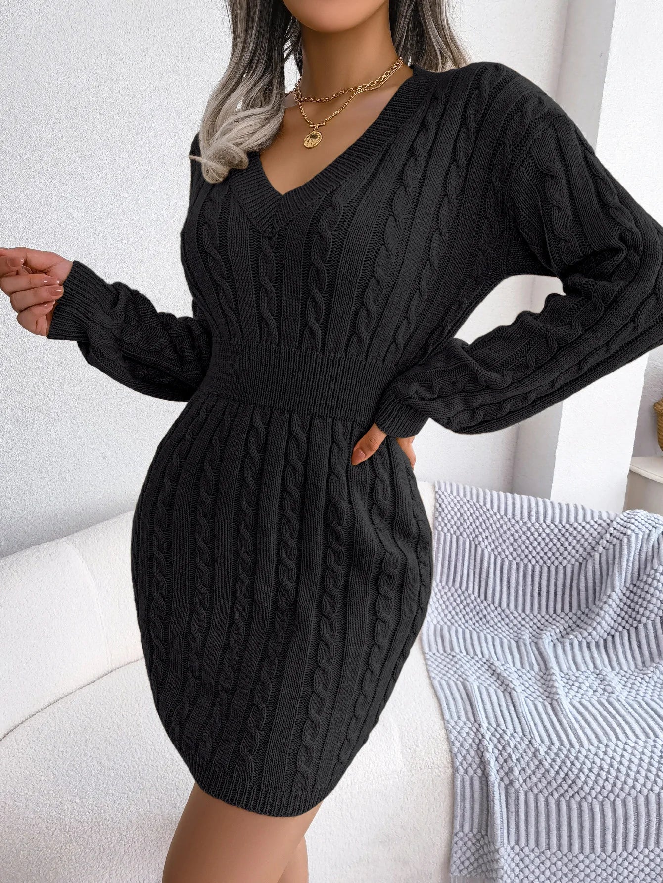 2026 V-Neck Bodycon Knit Dress – Long Sleeve Slim A-Line Autumn Winter Maxi Dress for Women