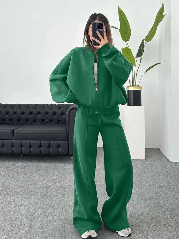 Casual Two-Piece Pants Suit – Zip-Up Cardigan Jacket & Wide-Leg Trousers Streetwear Set for Women