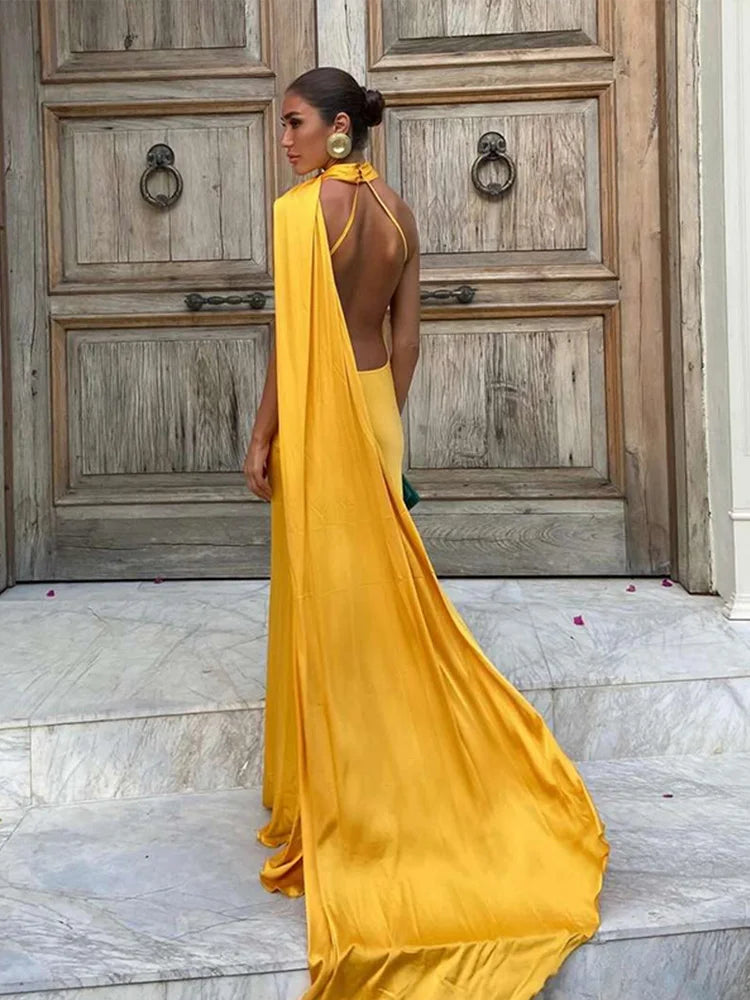 Elegant Ribbon Halter Backless Maxi Dress – Off-Shoulder Slim Fit Summer Party Gown for Women (2025 Collection)