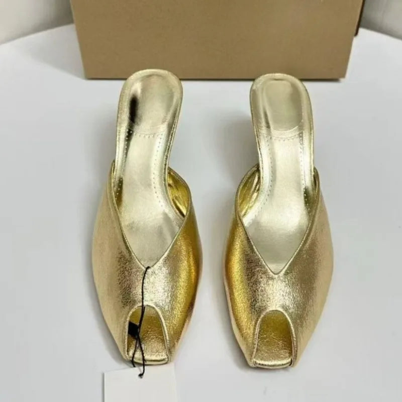 Luxury Shiny Gold Women’s Mule Heels – Peep Toe Slip-On Mid Heel Party Sandals
