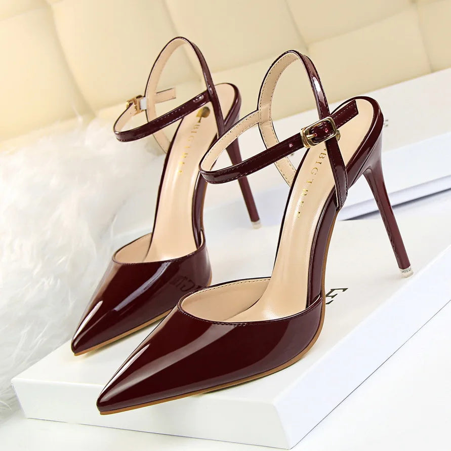 Metallic Patent High Heel Shoes – Ankle Strap Pointed Toe Sandals