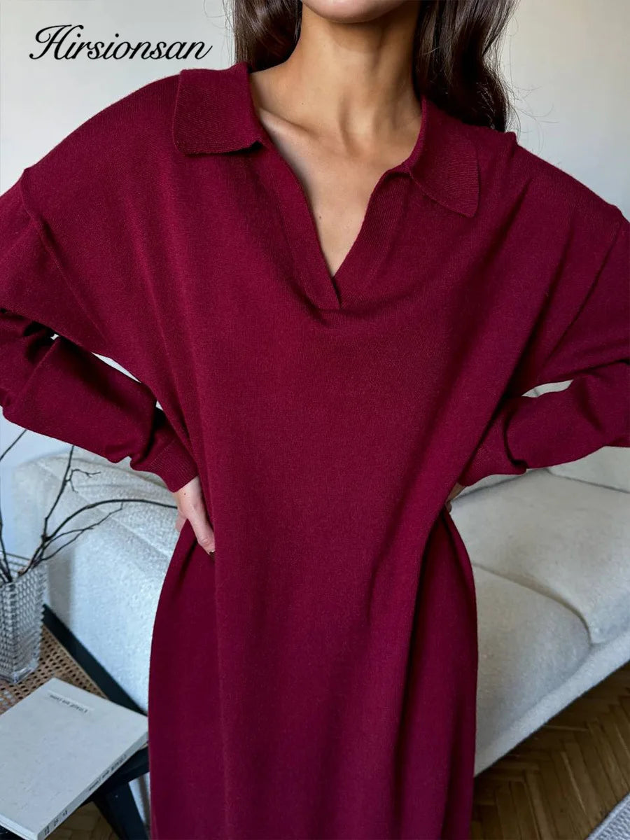2026 Long Sleeve Polo-Neck Knit Sweater Dress – Soft Loose Fit Mid-Calf Winter Dress for Women | Hirsionsan