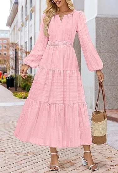 Elegant Princess V-Neck Dress – Slim Fit Long Sleeve Mid-Calf Gown for Women