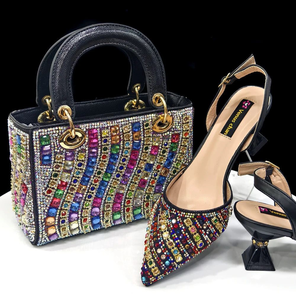 Rhinestone Pointed Toe Women’s High Heel Shoes & Matching Bag Set