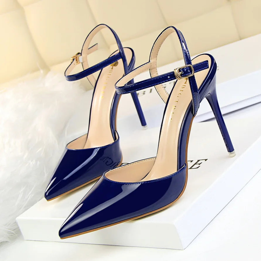 Metallic Patent High Heel Shoes – Ankle Strap Pointed Toe Sandals