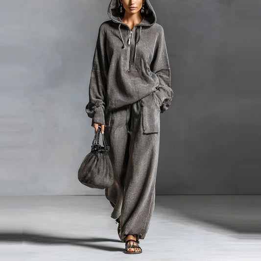 Casual Hoodie & Wide-Leg Pants Set – Relaxed Pullover Sweatshirt Two-Piece Outfit for Women