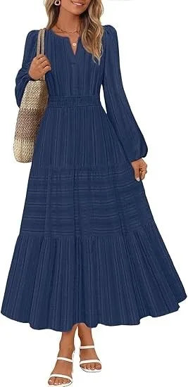 Elegant Princess V-Neck Dress – Slim Fit Long Sleeve Mid-Calf Gown for Women