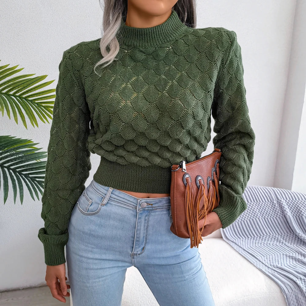 2025 Autumn Winter Hollow-Out Knit Crop Sweater – Casual Long Sleeve Slim Pullover for Women | LUSMAY