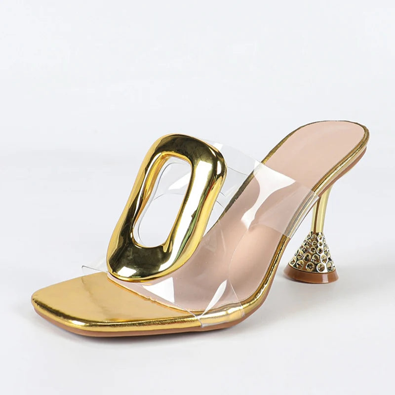 Liyke Street Outdoor Fashion Hollow Out PVC Transparent Slippers For Woman Gold High Heels Mules Slides Shoes Gladiator Sandals