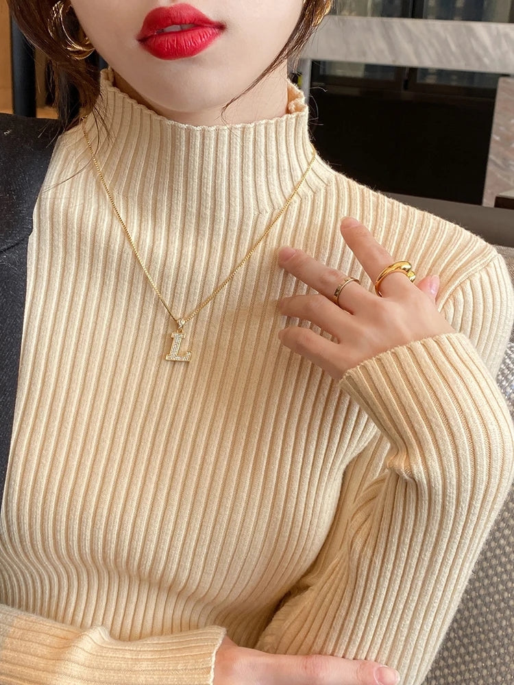 Elegant Slim Turtleneck Knit Top – Women’s Long Sleeve Basic Pullover | Korean Chic Winter Sweater