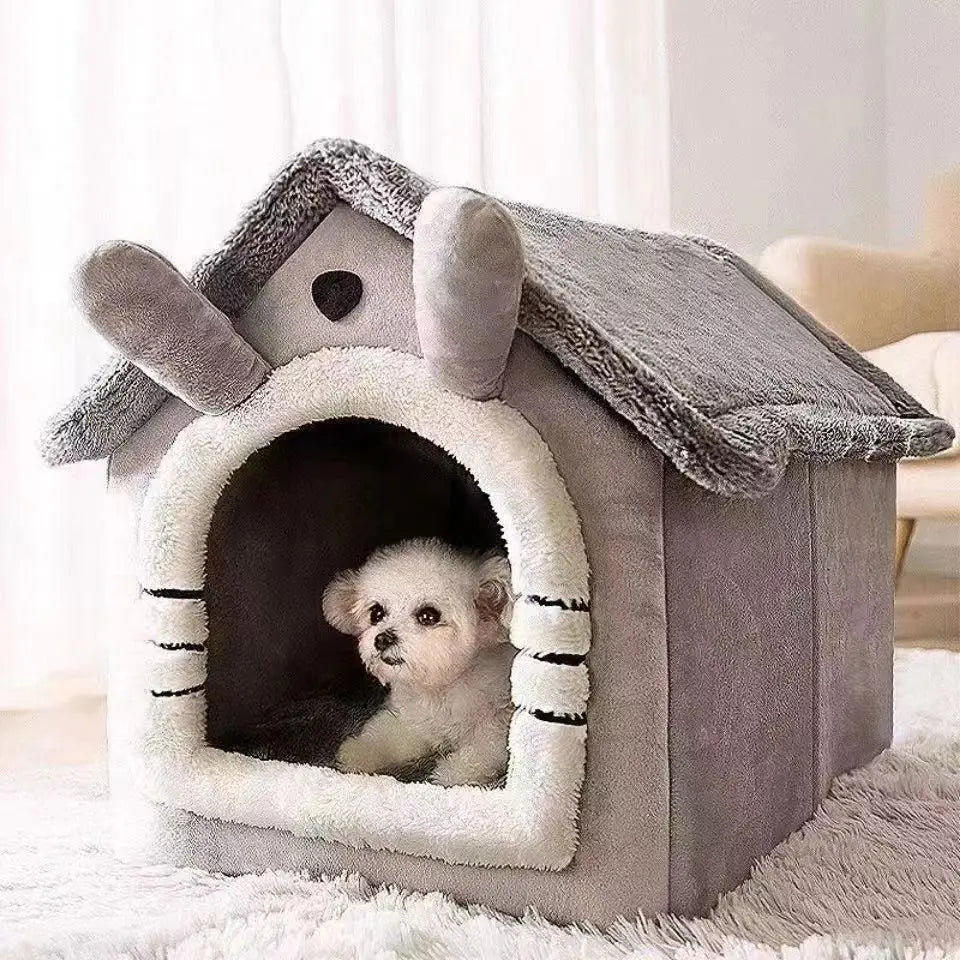 All-Season Dog House Bed – Warm Coral Fleece Pet House for Small Dogs & Teddy Breeds | Removable & Washable