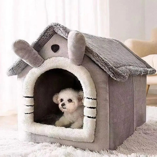All-Season Dog House Bed – Warm Coral Fleece Pet House for Small Dogs & Teddy Breeds | Removable & Washable