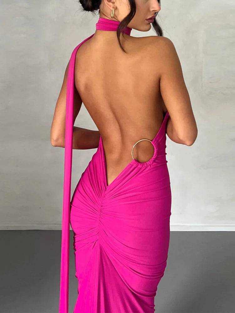 Backless Halter Knit Maxi Dress – High Stretch Slim-Fit Sheath for any occasion.