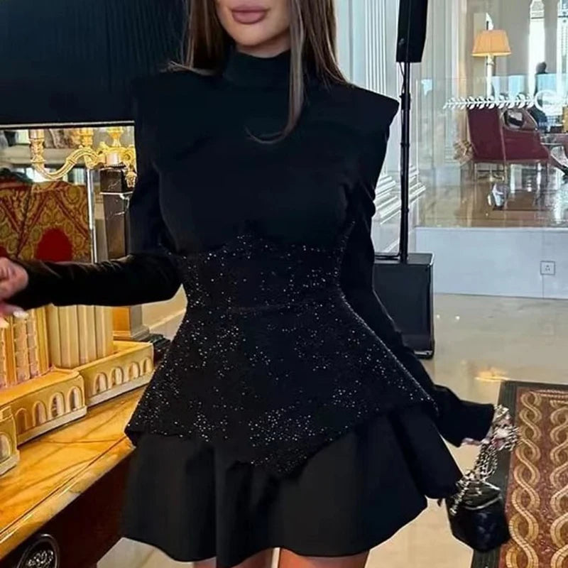2026 Sequin Patchwork A-Line Mini Dress – Elegant High-Waist Long Sleeve Party Dress for Women | VIEUNSTA