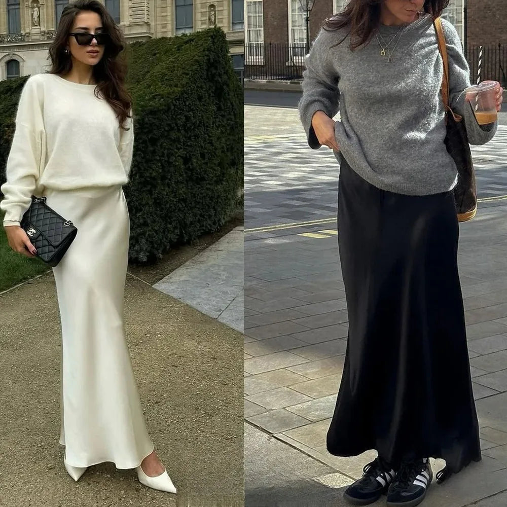 Vintage Satin Solid Long Skirts - Women High Waist Satin