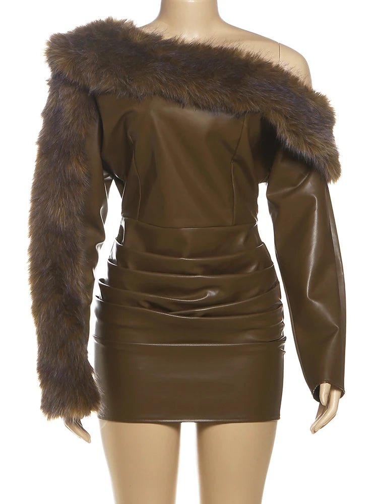 Leather Mini Dress – Furry Patchwork Backless Bodycon with Skew Collar | Street Style Clubwear