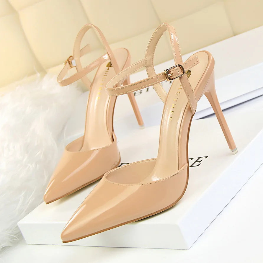 Metallic Patent High Heel Shoes – Ankle Strap Pointed Toe Sandals