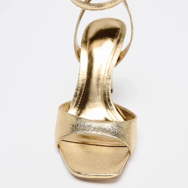 Gold Patent Leather Ankle Buckle High Heel Sandals – Square Toe Elegance