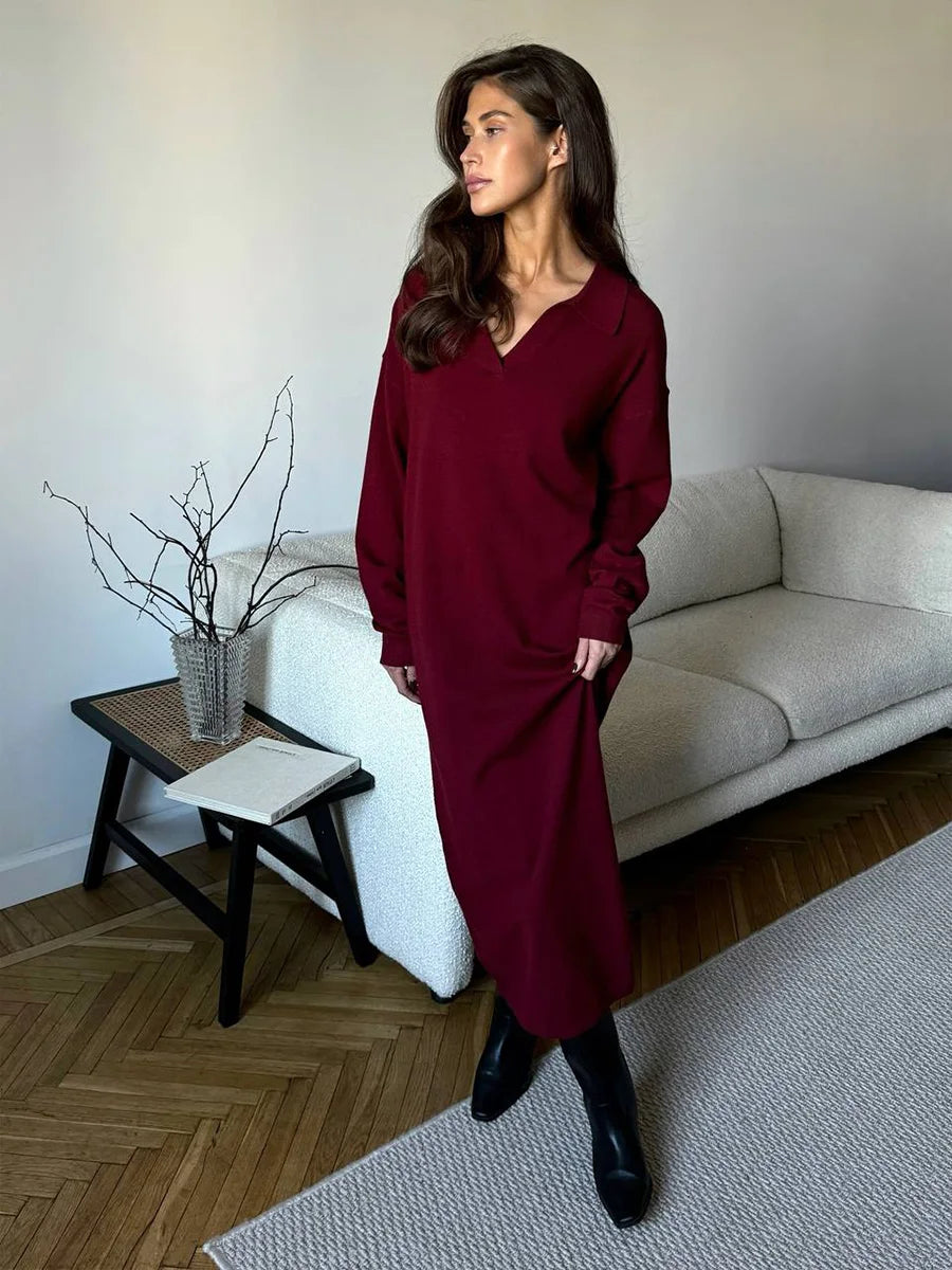 2026 Long Sleeve Polo-Neck Knit Sweater Dress – Soft Loose Fit Mid-Calf Winter Dress for Women | Hirsionsan
