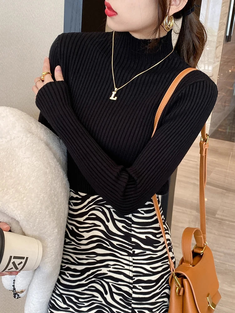 Elegant Slim Turtleneck Knit Top – Women’s Long Sleeve Basic Pullover | Korean Chic Winter Sweater