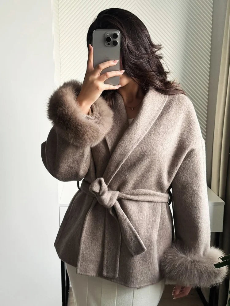 Elegant Lace-Up Woolen Coat for Women – Furry Lapel Patchwork