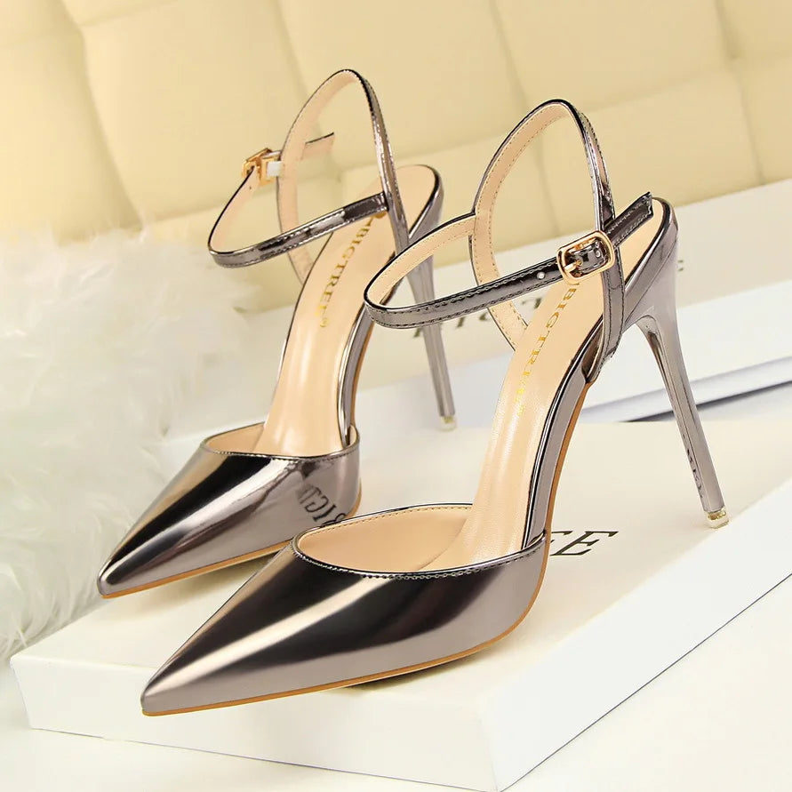 Metallic Patent High Heel Shoes – Ankle Strap Pointed Toe Sandals