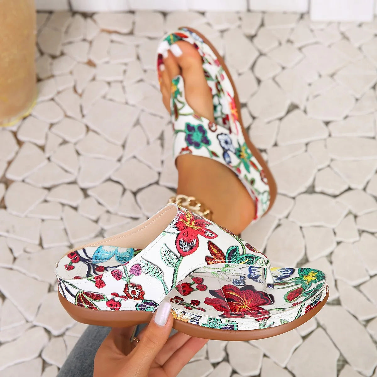New Floral Thick Heel Sandals - Open Toes - Women's Shoes