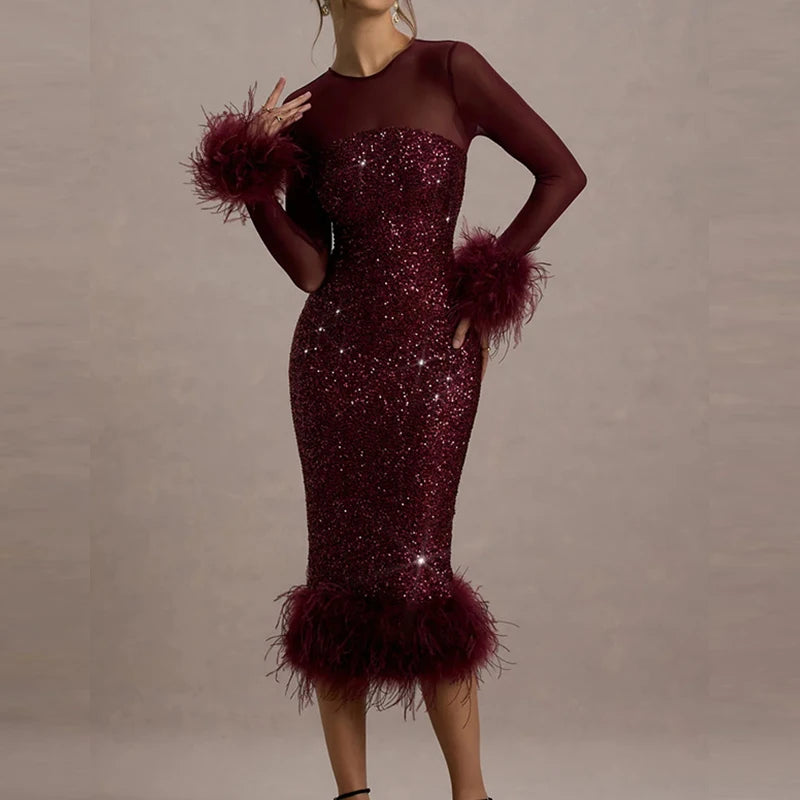 Feather Patchwork Mesh Party Dress – Elegant Slim A-Line Backless Maxi Dress for Women