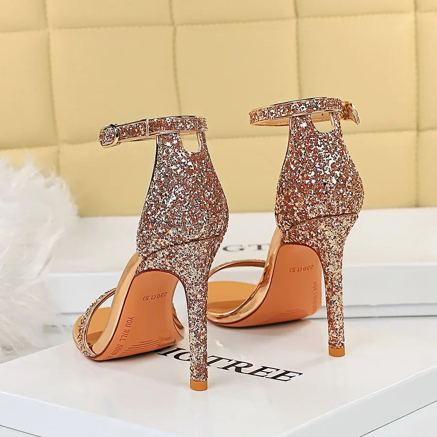 Sequin High Heel Shoes – Hollow Strap Stiletto Sandals