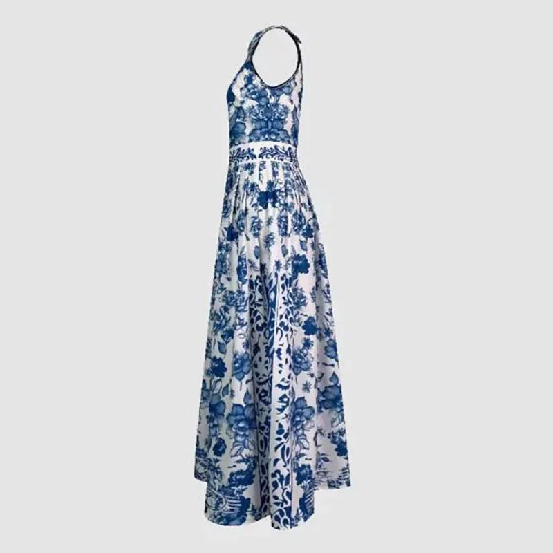 2026 Elegant Blue Geometric Maxi Dress – Vintage Floral Print Lapel A-Line Summer Gown for Women | Classic Party Dress