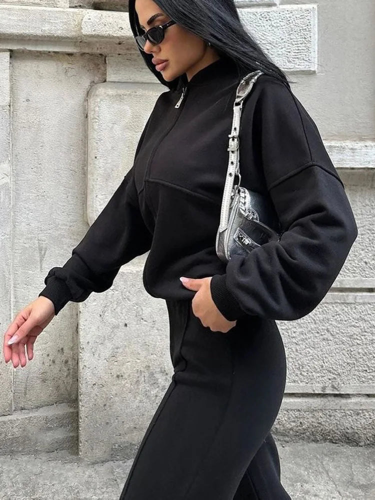 Casual Two-Piece Pants Suit – Zip-Up Cardigan Jacket & Wide-Leg Trousers Streetwear Set for Women