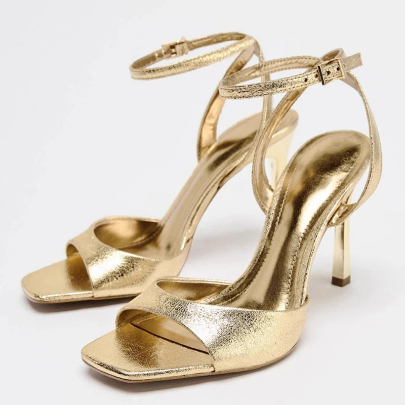 Gold Patent Leather Ankle Buckle High Heel Sandals – Square Toe Elegance