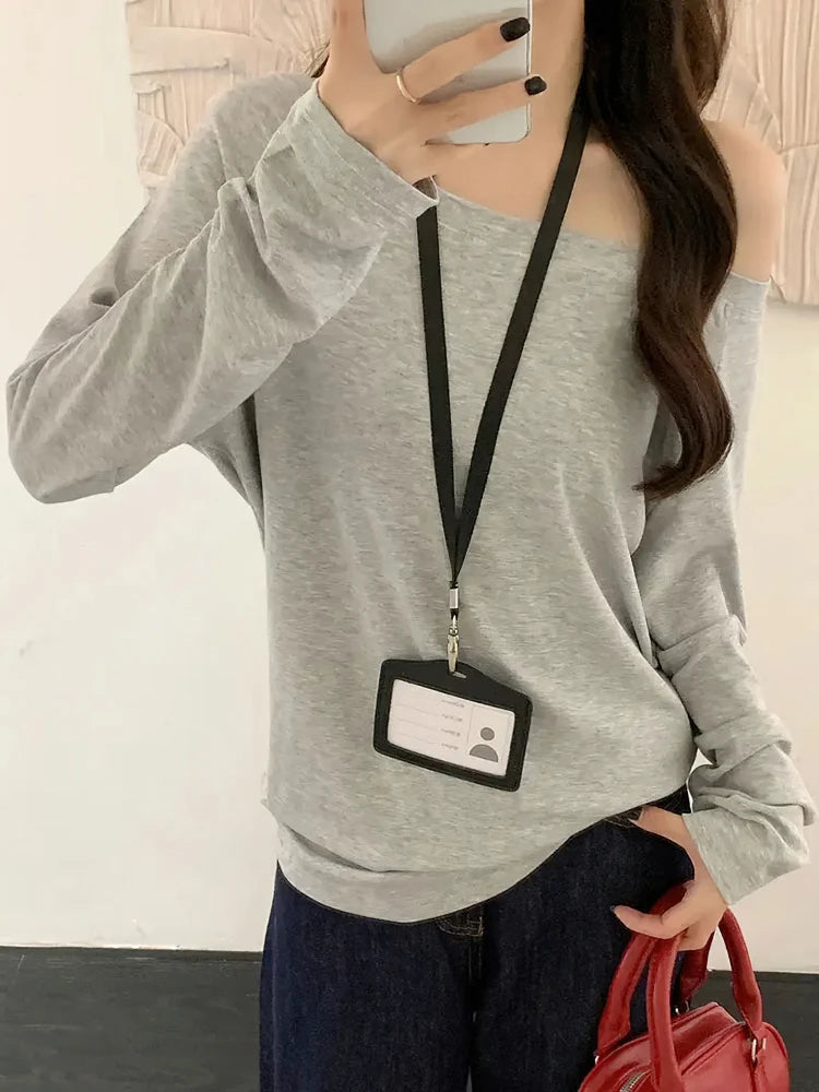 Oversized Off-Shoulder Long Sleeve T-Shirt – Casual Solid Colour Loose Fit Top for Women