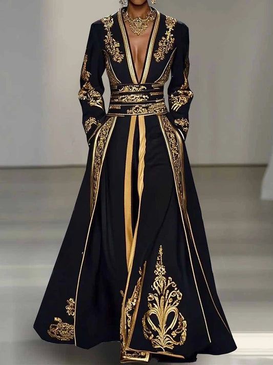 Retro Patchwork V-Neck Maxi Dress – Timeless Autumn Style with Modern Comfort