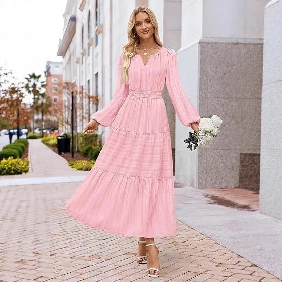 Elegant Princess V-Neck Dress – Slim Fit Long Sleeve Mid-Calf Gown for Women