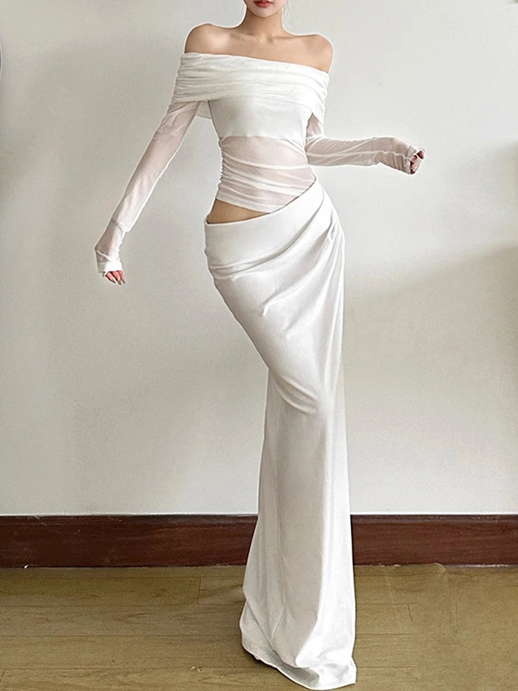 Sexy Mesh Patchwork Maxi Dress – Elegant Slash Neck Ruched Bodycon Party & Festival Dress for Women