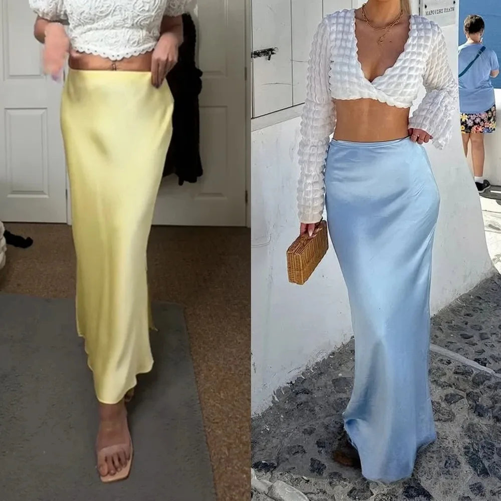 Vintage Satin Solid Long Skirts - Women High Waist Satin