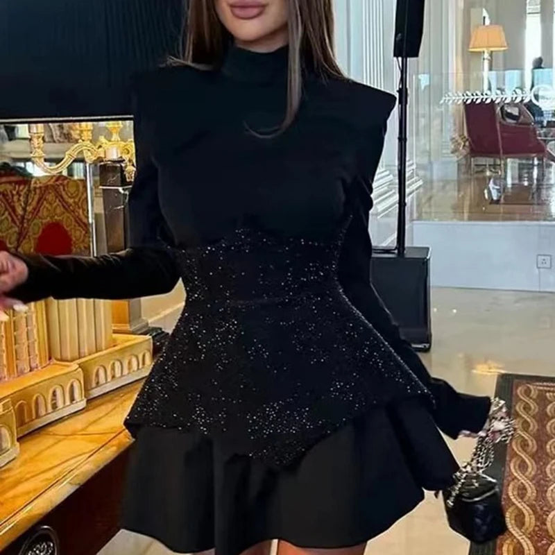 2026 Sequin Patchwork A-Line Mini Dress – Elegant High-Waist Long Sleeve Party Dress for Women | VIEUNSTA