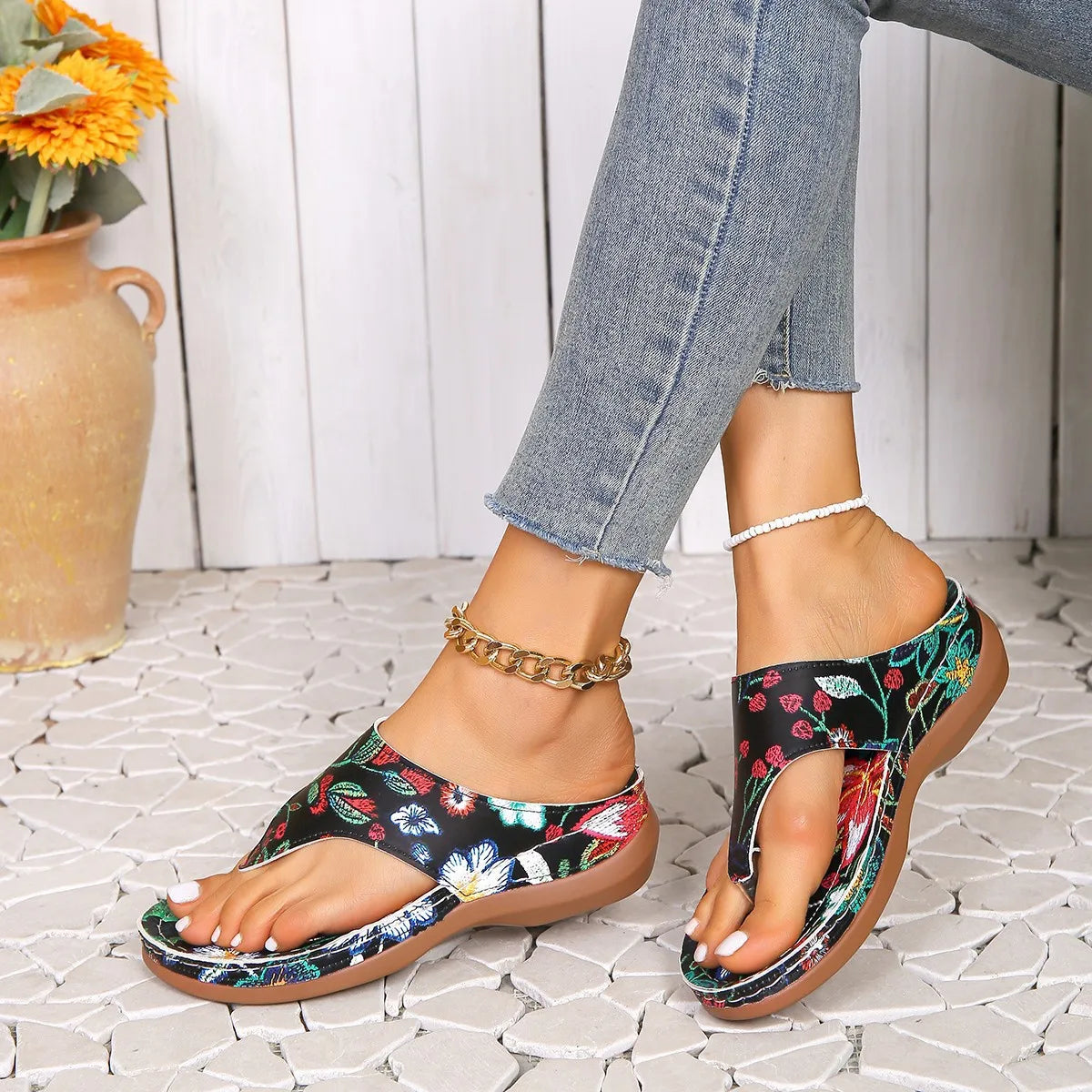 New Floral Thick Heel Sandals - Open Toes - Women's Shoes