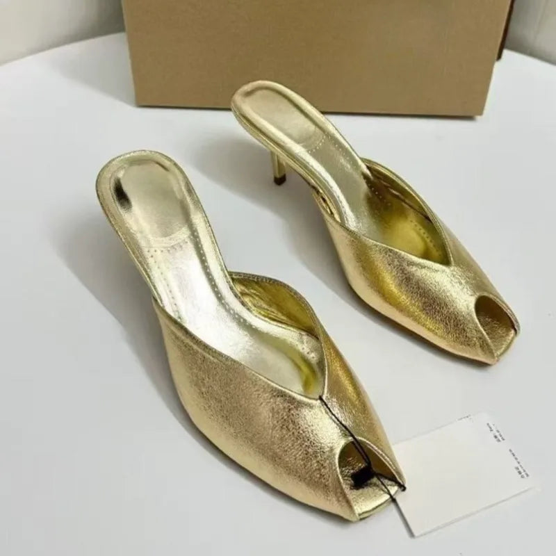 Luxury Shiny Gold Women’s Mule Heels – Peep Toe Slip-On Mid Heel Party Sandals