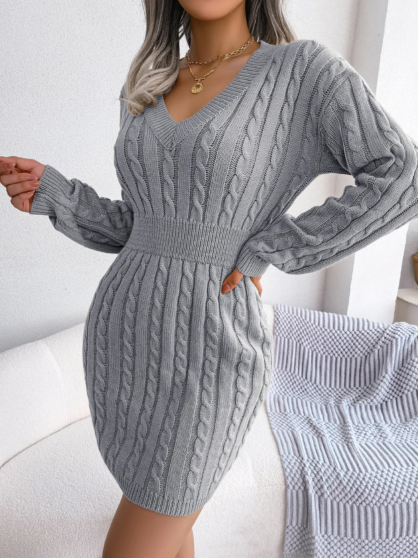 2026 V-Neck Bodycon Knit Dress – Long Sleeve Slim A-Line Autumn Winter Maxi Dress for Women