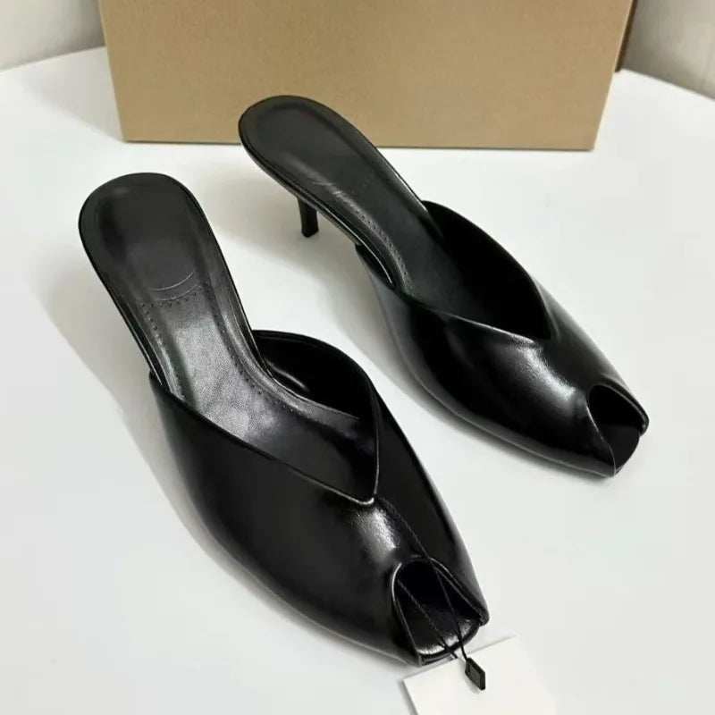 Patent Leather Peep Toe Mule Heels for Women – Elegant Stiletto Party & Banquet Sandals