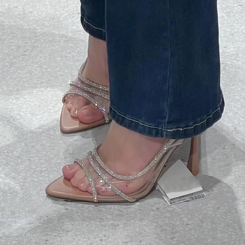 Thin Heel Fairy Style High Heels – Crystal Pointed Open Toe Sandals