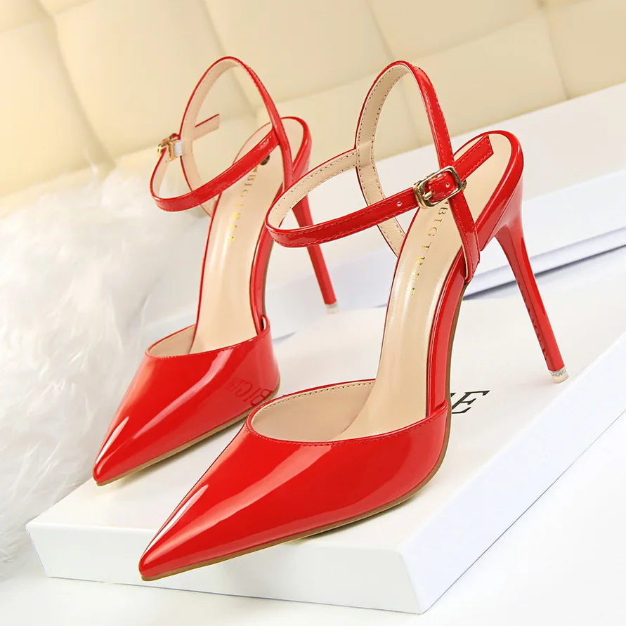 Metallic Patent High Heel Shoes – Ankle Strap Pointed Toe Sandals