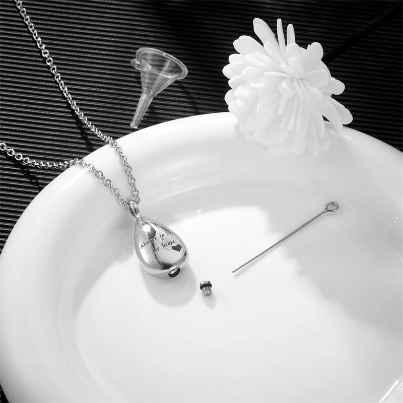 “Always in My Heart” Teardrop Ashes Necklace – Stainless Steel Cremation Urn Pendant Memorial Keepsake